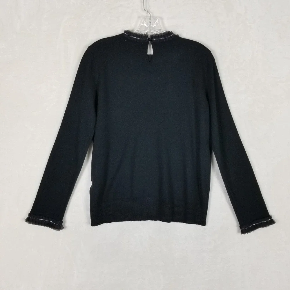 Siani Milano Sweater Women Medium Black Ruffle Tulle Bead Trim Pullover
